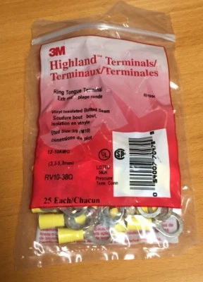 3M RV10-38Q Ring Tongue Terminal, M10, 3/8", Highland Series, 10 AWG,  (25pcs) - Image 1 of 3