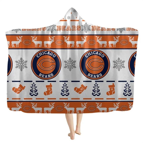 Chicago Bears Christmas Sherpa Plush Poncho Throw Fleece Hooded Blanket Gifts Cover