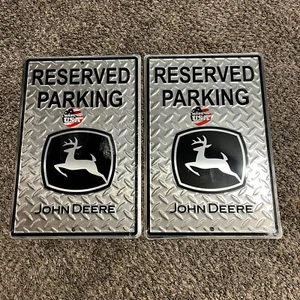 2 John Deere Reserved Parking Black and Gray Embossed Metal Sign 12” x 18” - Picture 1 of 11