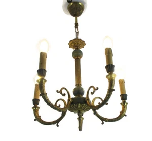 5 Arms Lights Pan Chandelier Revival French Empire Green Toleware Wood - Picture 1 of 9