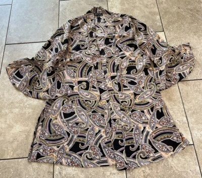 Slinky Brand Shirt Jacket Women’s Sz XS Open Front Black Peach Paisley Boho Chic Foto 1 de 4
