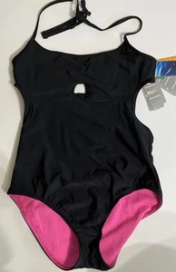 Speedo Powerflex One Piece Keyhole Swimsuit Bathing Suit Black Pink NWT $98 Sz M - Picture 1 of 12