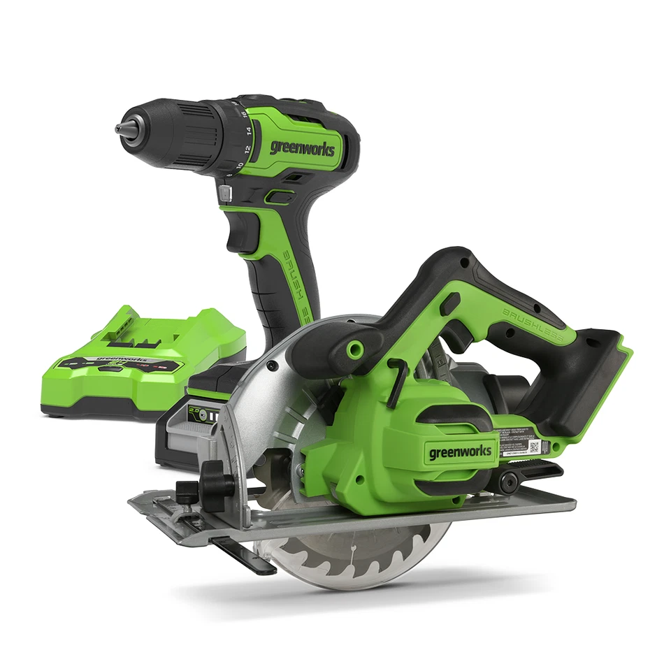 Greenworks 24V Kreissäge GD24KS & Akkuschrauber GD24DD35MK2 Set inkl. Akku