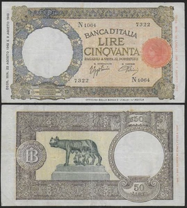 1943 Lire 50 Lupetta Capitolina BB Gigante Rif BI 11A - Imagen 1 de 1