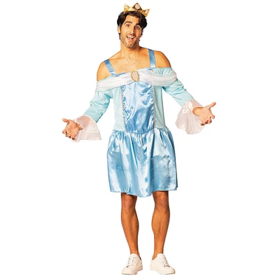 Men’s Cinderella Blue Dress Costume with Crown – Funny Cinderfella Outfit - Image 1 of 3