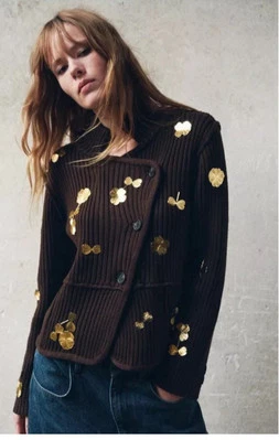 ZARA KNIT CARDIGAN WITH GOLD FLOWERS BROWN NEW FW24/25 SIZE M REF. 9598/155 - Image 1 of 4