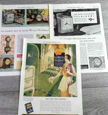 Lote de 3 anuncios impresos de colección 1931 Sat Eve Post Art Deco limpiador telefónico y Sunbrite Foto 1 de 4