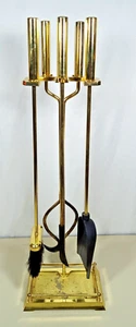 Vintage Elegant Ornate Shiny Brass Fireplace Tool Set - 4 Piece + Stand 18 Lbs - Picture 1 of 14