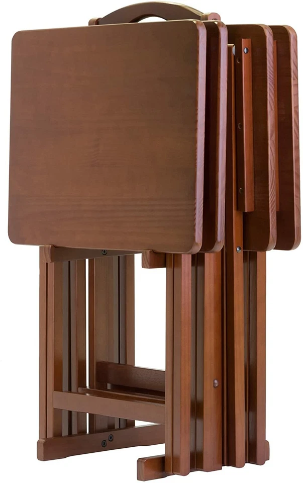 Juego de bandejas de TV de madera con acabado de nogal de 5 piezas con soporte mesas plegables almacenamiento de bocadillos Foto 1 de 4