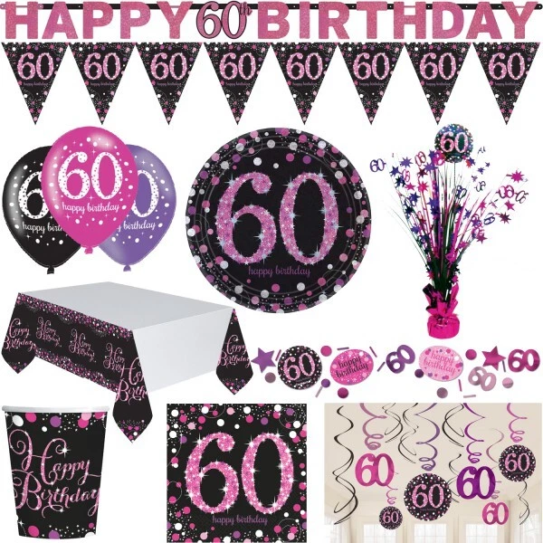 60. Compleanno Decorazione Party Set Feste Donna Fucsia Nero Giubileo Lilla - Immagine 1 di 1