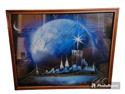 New York Twin Towers Original Art Spray Paint Signed Futuristic Planets Skyline - Image 1 of 4