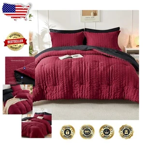 Elegant King Size Seersucker Comforter Set 3-Piece with Pillow Shams - Red/Black - Picture 1 of 8