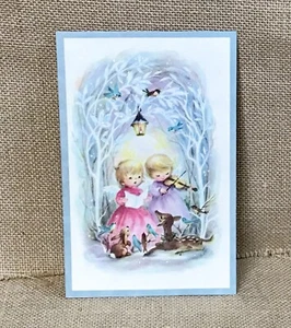 Vintage Quality Crest Christmas Card Angel Children Singing To Animals Framable - Picture 1 of 3