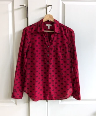 Camisa J Crew Mujer 4 Rojo Niño Popover Manga Larga Divertida Cuello Algodón Seda Blusa Foto 1 de 4