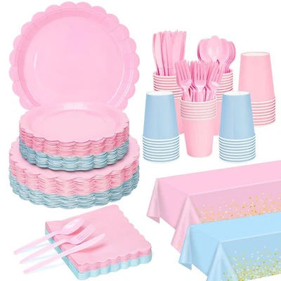 352 PIEZAS Suministros de Fiesta Revelación de Género Rosa Azul Platos Servilletas para 50 Invitados Foto 1 de 4