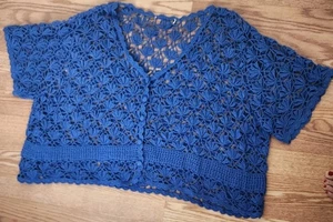 Women's Crochet Open Knit Cardigan Coverup XL Blue Missing Brand Size Tag - Picture 1 of 2
