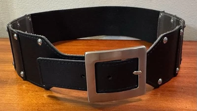 Calvin Klein 2.5” Wide Women's M/L Black Leather Stud Elastic Stretch Belt - Image 1 of 4