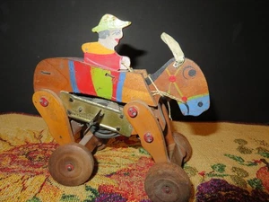 1930s Japan Wind-Up Wooden Race Horse w/ Rider – Vintage Toy – Needs TLC - Picture 1 of 14