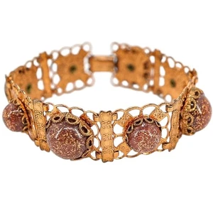 Vintage Copper Filigree Bracelet with Goldstone Art Glass Cabochons - Picture 1 of 9