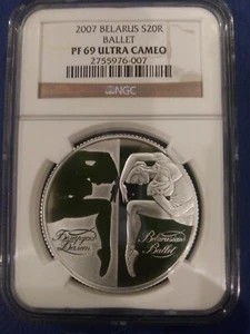 2007 BELARUS SILVER 20 ROUBLES BALLET NGC PROOF 69 ULTRA CAMEO  - Picture 1 of 2
