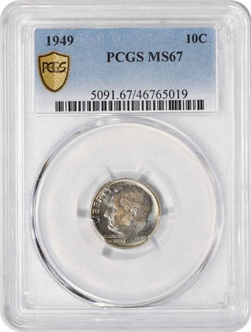 1949 Roosevelt Silver Dime MS67 PCGS Toned Cover