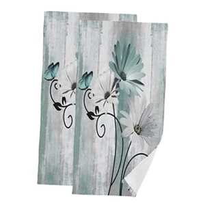 Hand Towels for Bathroom Set of 2 Farm Teal White Daisy Floral Flowers L05_08 - Picture 1 of 8