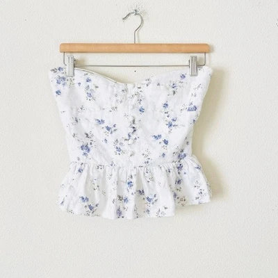 Top Reformation TALLA 6 Diana 100% lino sin tirantes con volantes dobladillo en blanco floral Foto 1 de 4