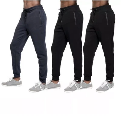 3 PACK: Men's Fleece Lined Slim Fit Casual Tech Jogger Sweatpants Zipper Pockets - Image 1 of 4