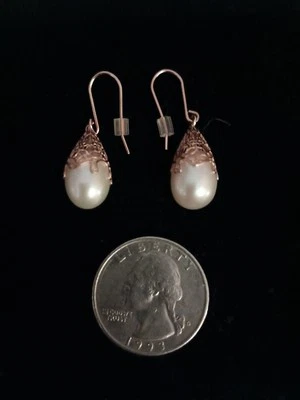 14 KT Gold-Israel. Large 9 mm White Pearl Dangle Drop Earrings!  Beautiful!! WOW - Image 1 of 4