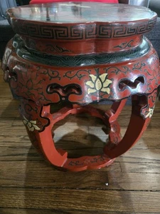 Vintage Chinoiserie Red Lacquer Chinese Drum Stool Floral - Picture 1 of 5