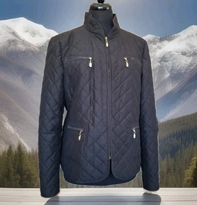 St John Sport Quilted Gold Zip Up Black Jacket Pockets M Silk Lined Equestrian - Picture 1 of 16