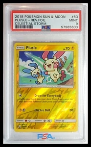 Pokemon S&M Celestial Storm Plusle Reverse Holo #53 (3 Known, none higher) PSA 9 - Picture 1 of 2