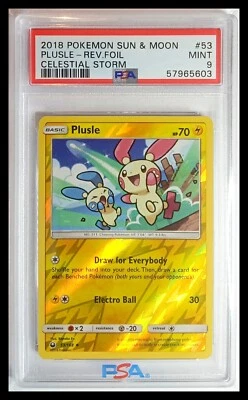 Pokemon S&M Celestial Storm Plusle Reverse Holo #53 (3 Known, none higher) PSA 9 - Image 1 of 2