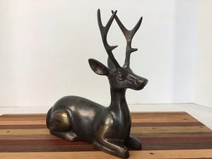 VTG Brass Deer Buck Antlers Laying Down 7 Inches Long Patina Ornate Stag  - Picture 1 of 10