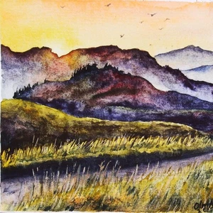 Miniature Original Art Watercolor Sunset Mountain Landscape Painting Decor Gift - Picture 1 of 16
