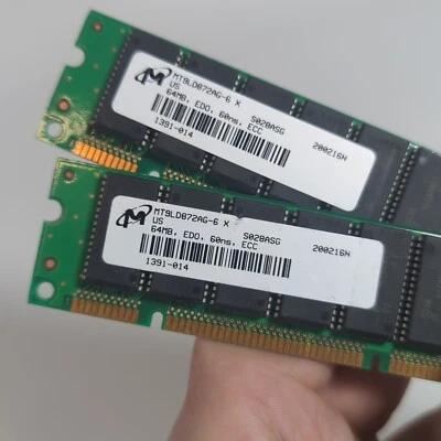 Micron EDO ECC DIMMs - 2x 64MB Single Sided 60ns, 128MB Total - Fully Tested - Image 1 of 3