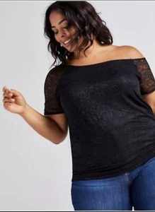 Torrid Off The Shoulder Top Sz 3 Black Lace Short Sleeve Overlay Blouses B6 - Picture 1 of 6
