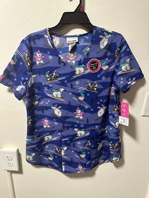 WOMEN'S SCRUBSTAR SKIING POLAR BEARS SEASONAL MEDICAL SCRUB TOP NWT - Image 1 of 2