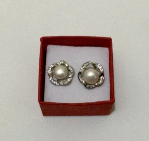 Pearl Pierce Earrings, Button Round CZ  Earrings - Picture 1 of 3
