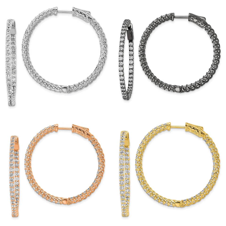 Argento Sterling 2mm Zircone Cubico 35mm IN & Fuori Rotondo Con Cerchio - Immagine 1 di 1