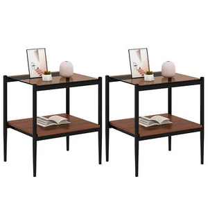 2Set Nightstands End Table Side Tables 2-Tier Tempered Glass Bedside Table Brown - Picture 1 of 12