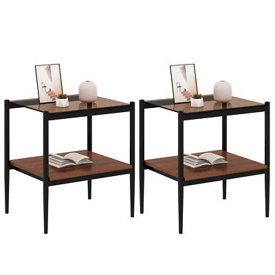 2Set Nightstands End Table Side Tables 2-Tier Tempered Glass Bedside Table Brown - Image 1 of 4