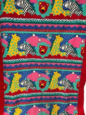 Handmade Child's Wild Zoo Animal Quilt Blanket Throw Wall Hanging Red 59” X 102” - Image 1 of 4