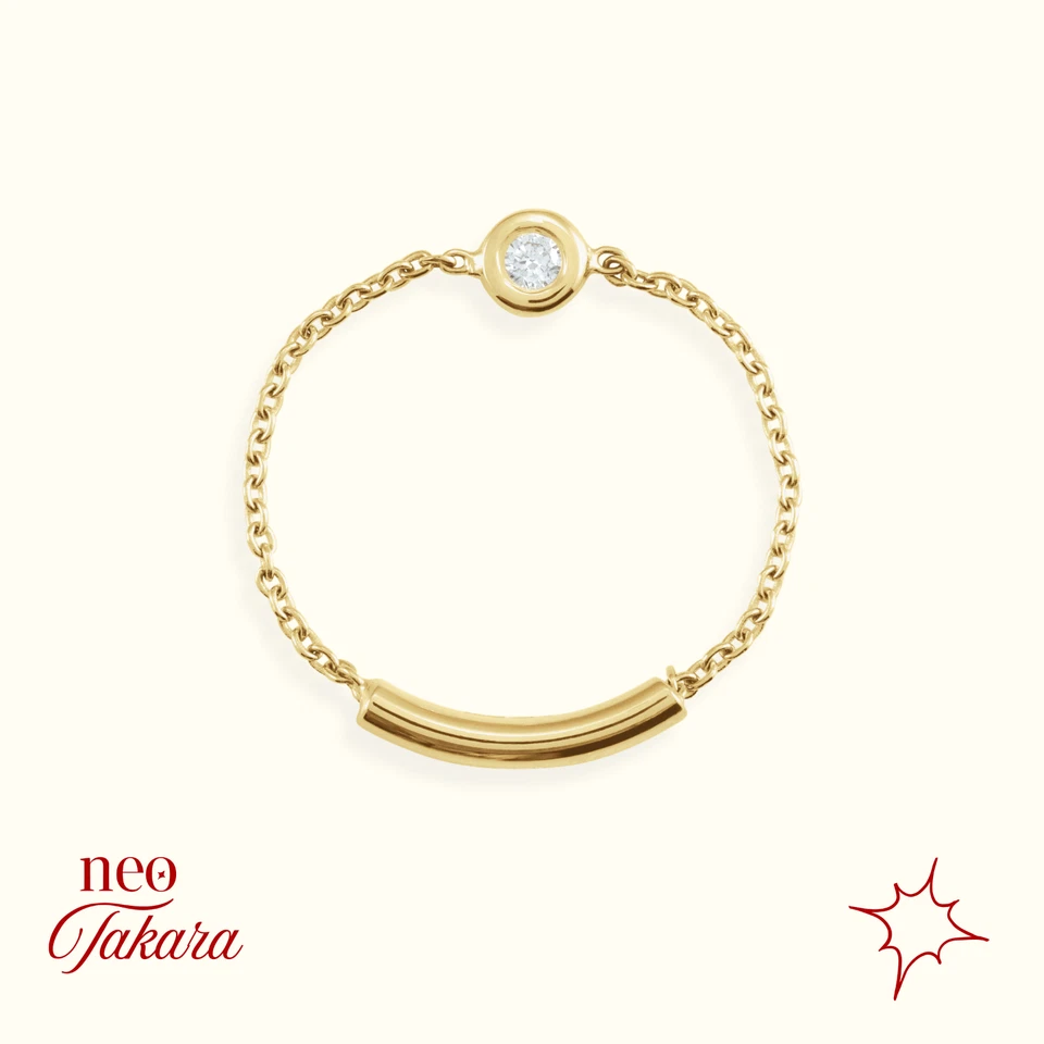 14ct Solid Yellow Gold 0.02 CT Natural Diamond Bezel-Set Chain Ring-Gift for Her - Image 1 of 4