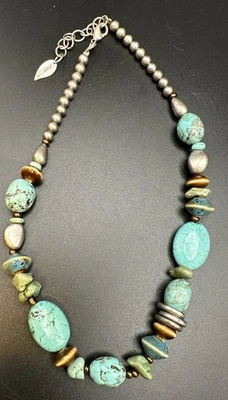 Colar de contas de turquesa falsa COLDWATER CREEK tons mistos de metal étnico nativo N32 - Imagem 1 de 4