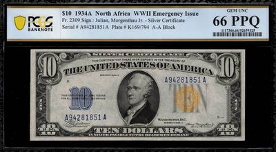 1934A $10 North Africa WWII Emergency Issue FR-2309 - PCGS 66 PPQ - Gem Unc. - Image 1 of 2