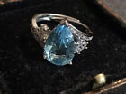Vintage Style Blue Topaz And White Zircon Ring 18K White Gold Plated