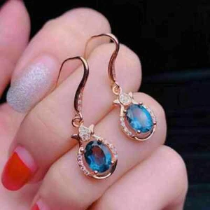 2Ct Oval London Blue Topaz Lab Created Halo Dangle Earrings 14K Rose Gold Plated - Picture 1 of 7