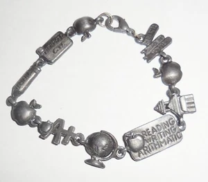 VINTAGE ART DECO PEWTER BRACELET BEAUTIFUL TEACHER CHARMS DESIGN - Picture 1 of 6