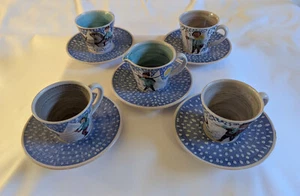 Handbemaltes blaues Demitasse Set Winter nordische Szenen Tee Kaffee Tupfen - Bild 1 von 17